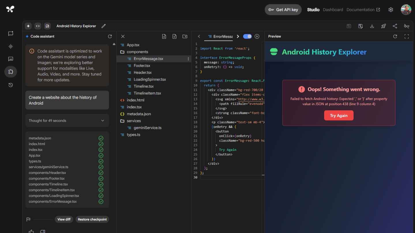 Google Gemini 2.5 Flash Preview results from basic prompt to create Android History website - error