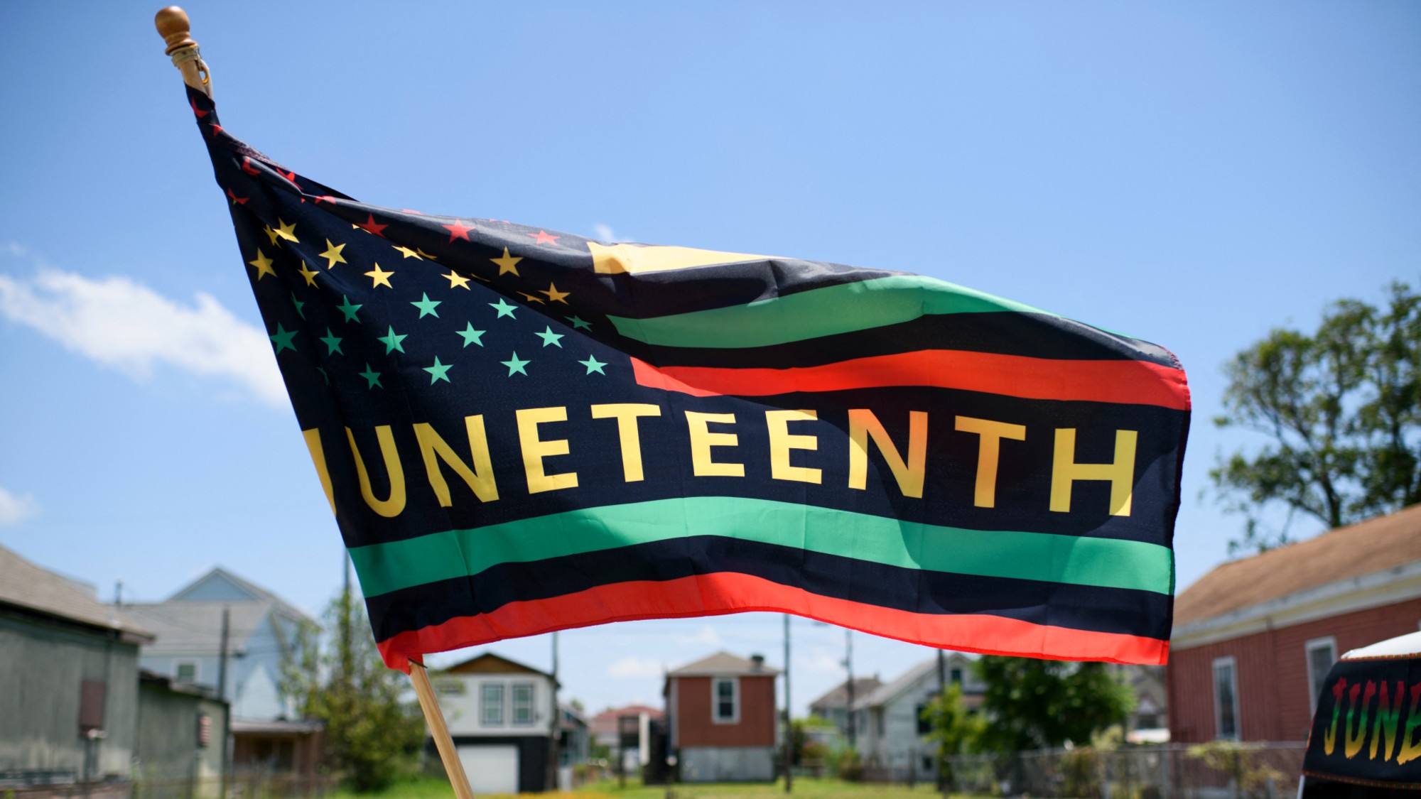 A Juneteenth flag during a parade in Galveston, Texas. 