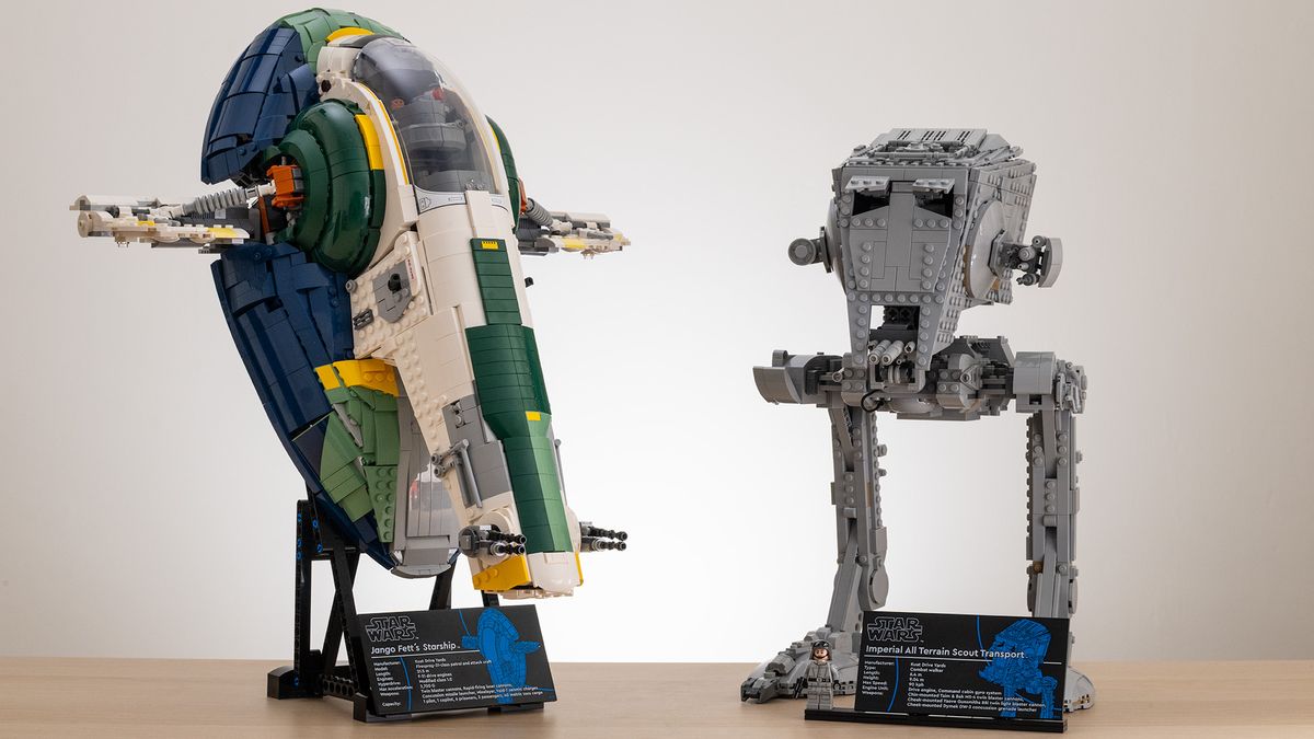Lego Star Wars UCS Jango Fett&rsquo;s Firespray-Class Starship (75409) next to Lego Star Wars AT-ST Walker (75417)