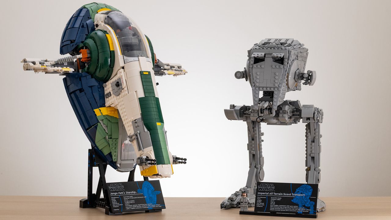 Lego Star Wars UCS Jango Fett&rsquo;s Firespray-Class Starship (75409) next to Lego Star Wars AT-ST Walker (75417)