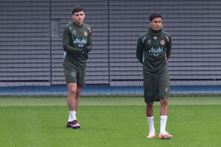 New signings Abdukodir Khusanov and Vitor Reis of Manchester City walk out for the UEFA Champions League 2024/25 League Phase MD7 training session at Manchester City Football Academy on January 21, 2025 in Manchester, England