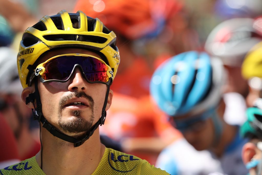 Team Deceuninck rider Frances Julian Alaphilippe wearing the overall leaders yellow jersey waits for the start of the 4th stage of the 107th edition of the Tour de France cycling race 157 km between Sisteron and OrcieresMerlette on September 1 2020 Photo by KENZO TRIBOUILLARD AFP Photo by KENZO TRIBOUILLARDAFP via Getty Images