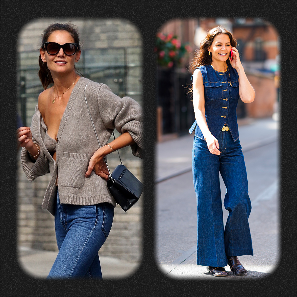 Katie Holmes in a cardigan and jeans and Katie Holmes in denim top and jeans