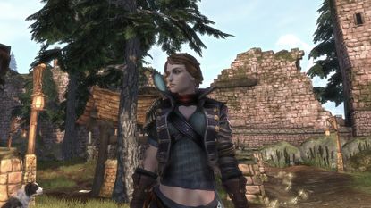 Fable 3 close up screenshot of hero standing in town with dog to the left.