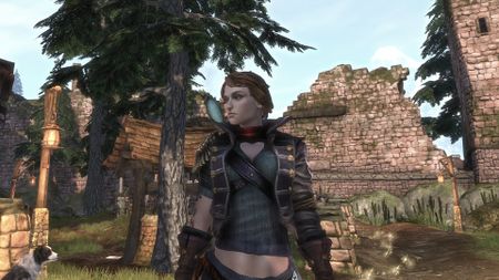 Fable 3 close up screenshot of hero standing in town with dog to the left.