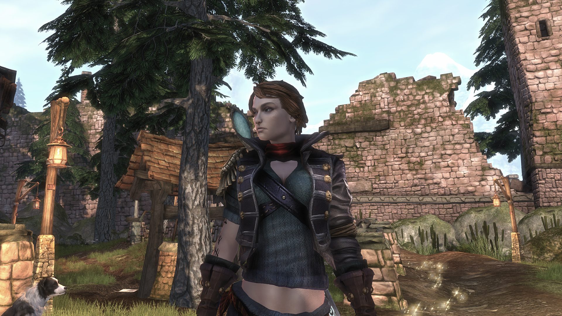 Fable 3 close up screenshot of hero standing in town with dog to the left.