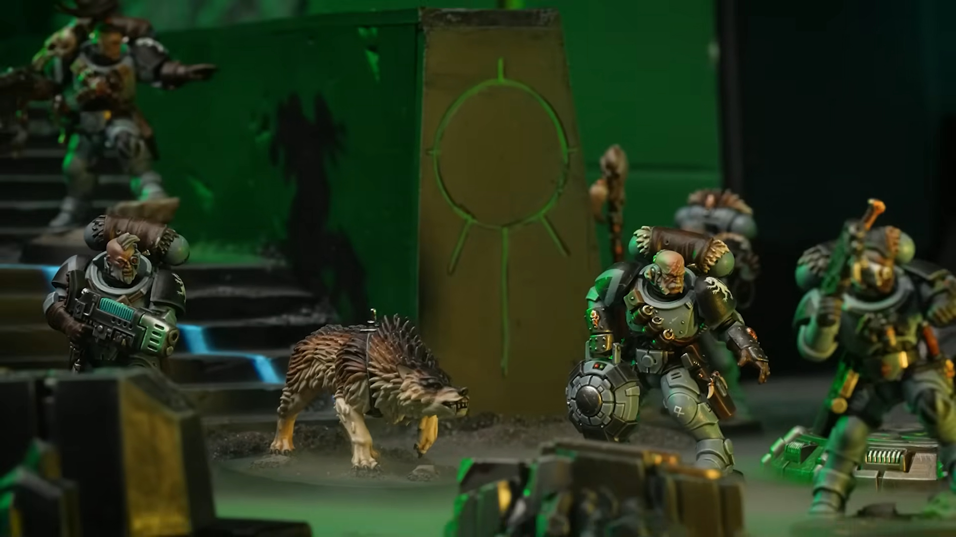 Space Wolves Kill Team: Dead Silence models on a Necron battlefield