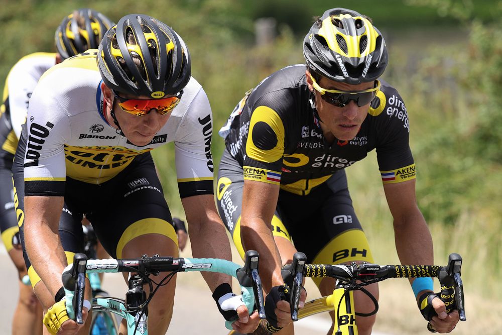 Sep Vanmarcke and Sylvain Chavanel ride in the break during stage 12 at the Tour de France.