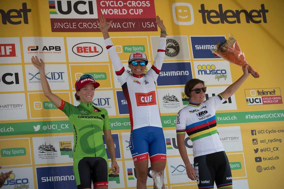 The podium: Cylance's Kaitlin Keough, Katerina Nash (Clif Pro Team), and world champion Sanne Cant (Beobank-Corendon)