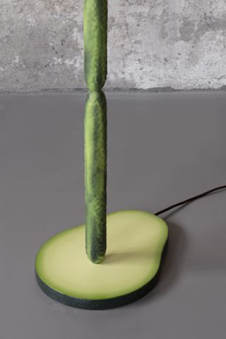 Avocado-like base of cucumber-shaped lamp, part of Bitossi OMG GMO fruit furniture by Robert Stadler