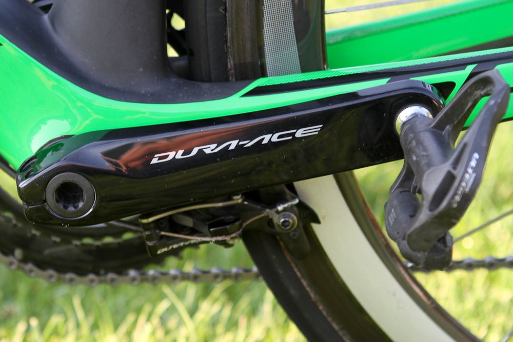 Dura-Ace cranks supply the power, while the brake is shown under the chain stays
