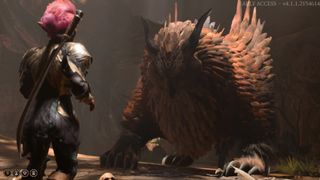 A gnome confronts the Owlbear in Baldur's Gate 3