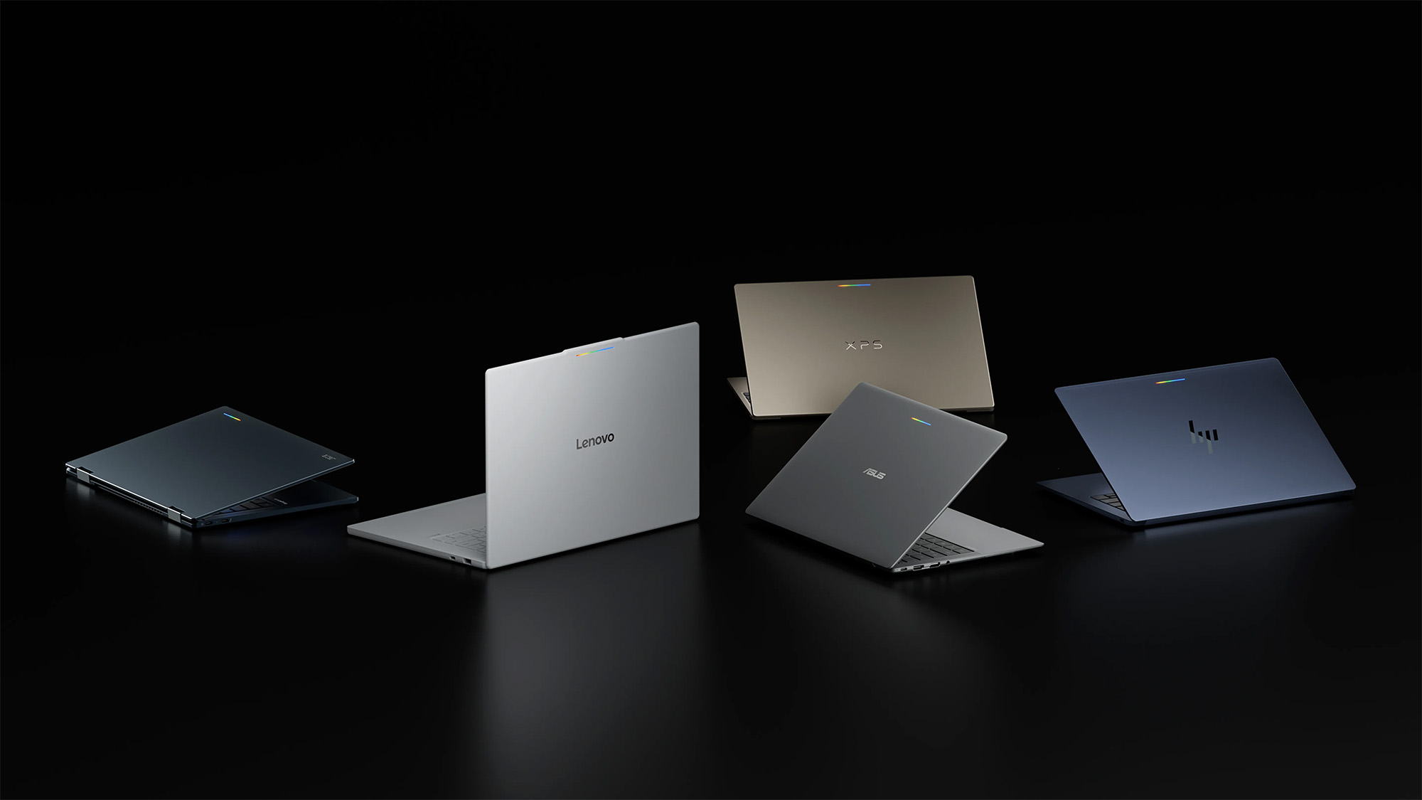 Googlebook laptops including models from Acer, Lenovo, Dell, ASUS, and HP, on a glossy black background.