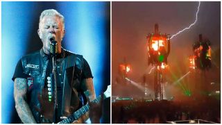 Metallica’s James Hetfield and lightning striking the band’s stage set