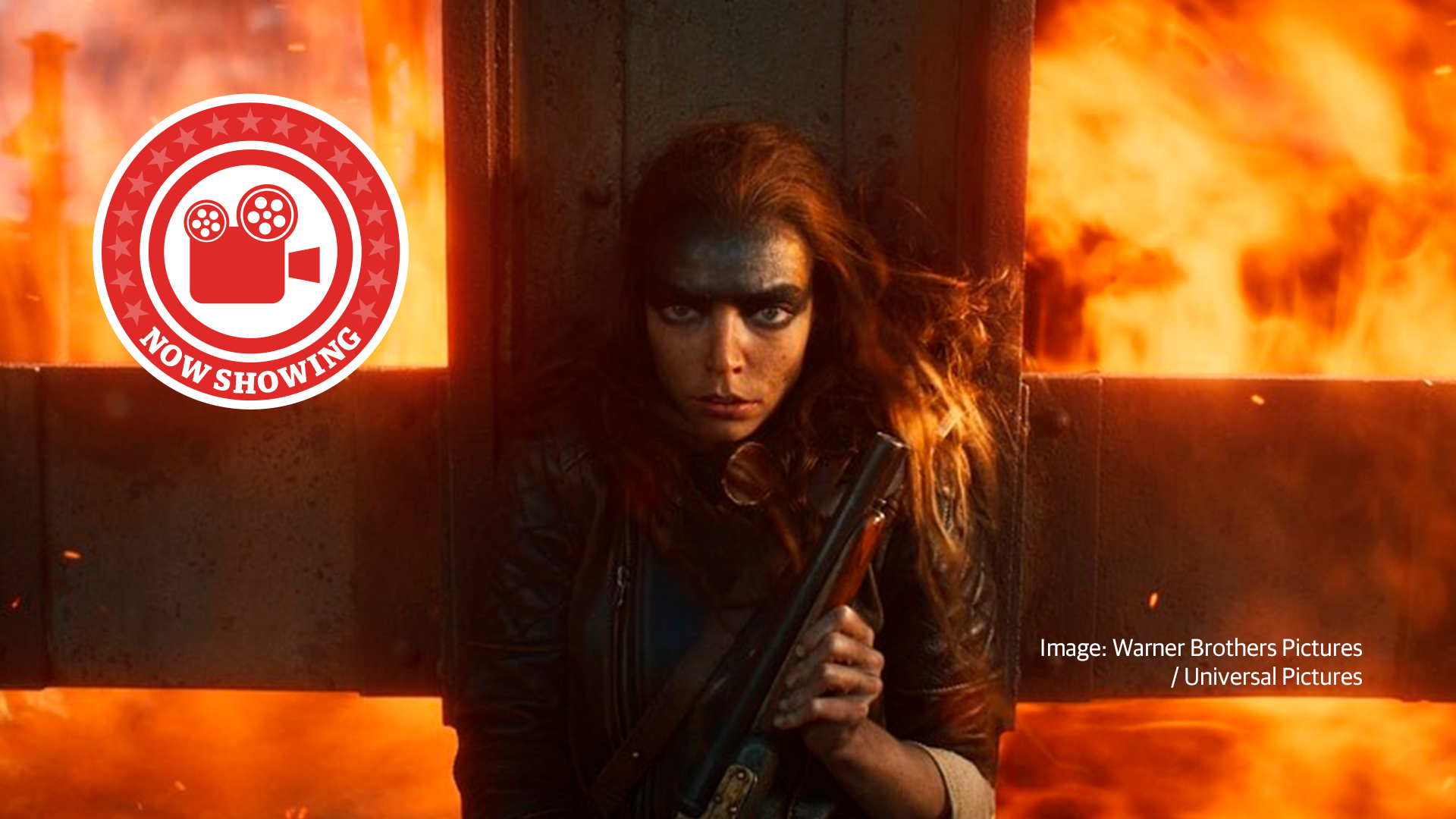 A still from Furiosa: A Mad Max Saga. With the lead character on a burning vehicle.