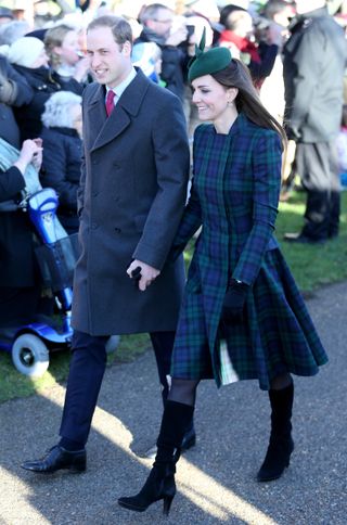 Prince William, Duke of Cambridge and Catherine, Duchess of Cambridge arrive for the Christmas Day service at Sandringham on December 25, 2013