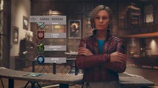 Starfield romance - one of Starfield's companions standing with her stats on display next to her