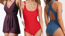 three figures, one wearing brown swimsuit, one wearing red, another wearing blue 