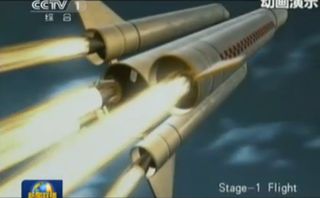 China's planned Long March 5 rocket launches toward space in this still from a flight animation. The Long March 5 is China's new heavy-lift rocket for space station and large satellite launches.