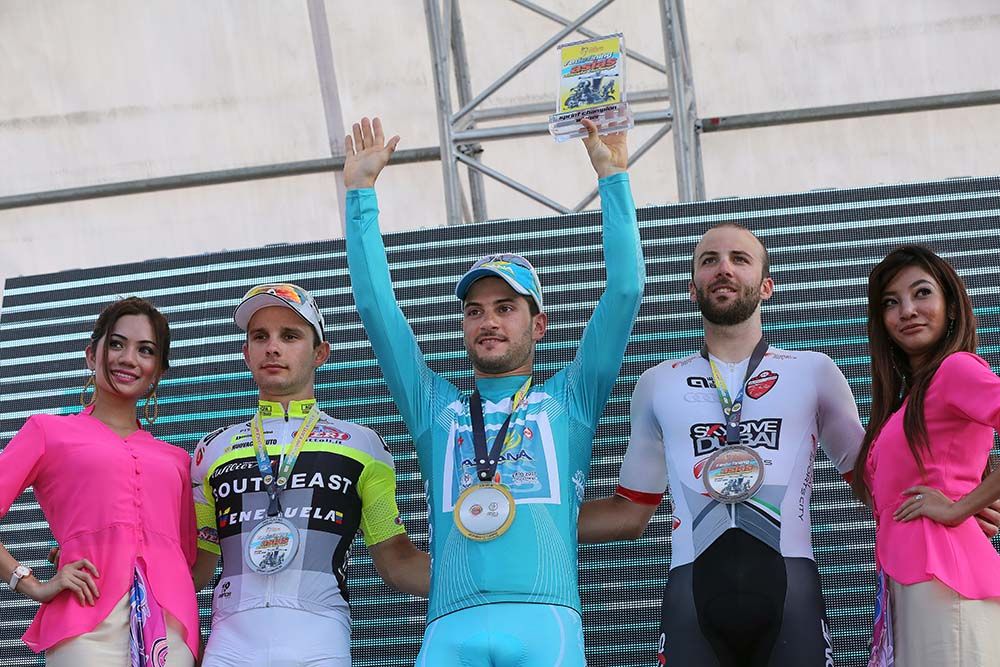 Andrea Guardini (Astana) takes centre stage on the podium
