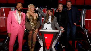 The Voice Season 22 coaches Blake Shelton, Gwen Stefani, Carson Daly, John Legend and Camila Cabello.