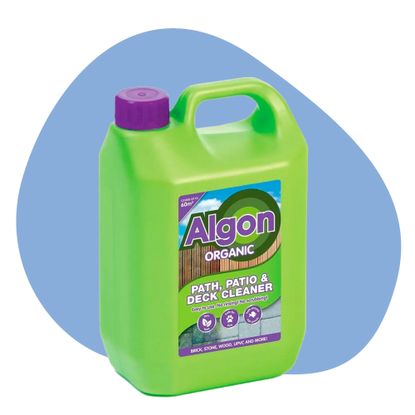 The best patio cleaner as rated by the Ideal Home team - a green bottle of Algon patio cleaner on a blue background