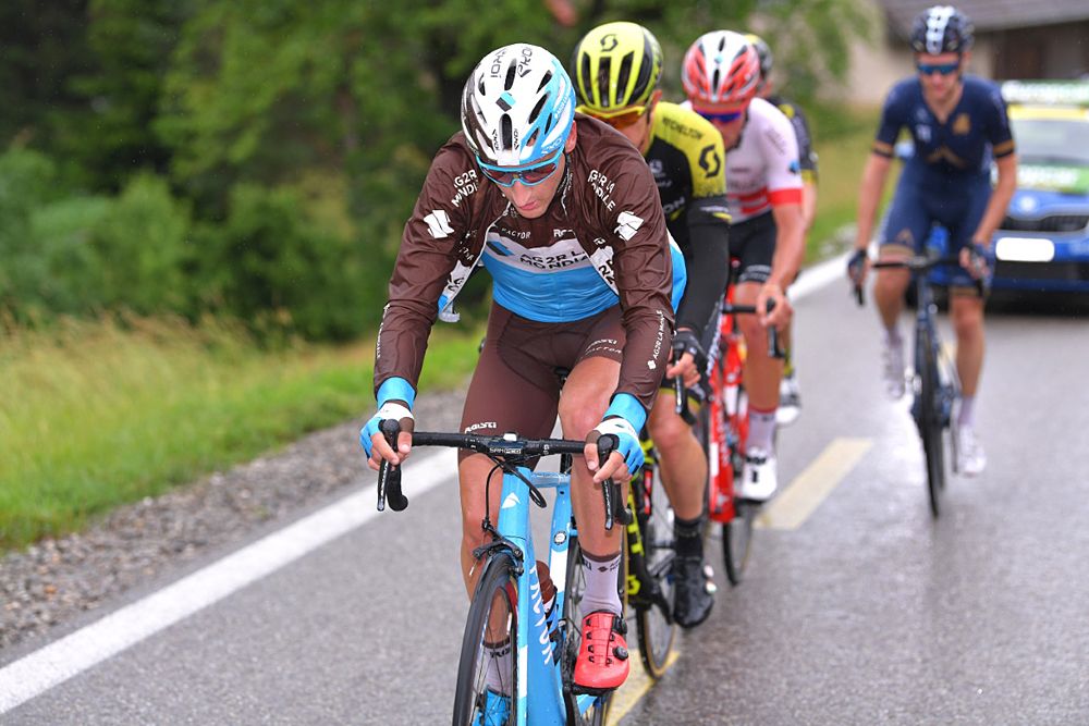 Silvan Dillier and Nans Peters (AG2R), Nathan Brown (EF-Drapac), Christopher Juul-Jensen (Mitchelton-Scott), Mark Christian (Aqua Blue Sport), Paul Ourselin (Direct Energie) formed the day's breakaway at the Tour de Suisse