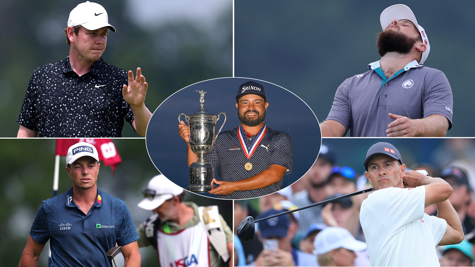 JJ Spaun holding the US Open trophy, a mixture of players around him