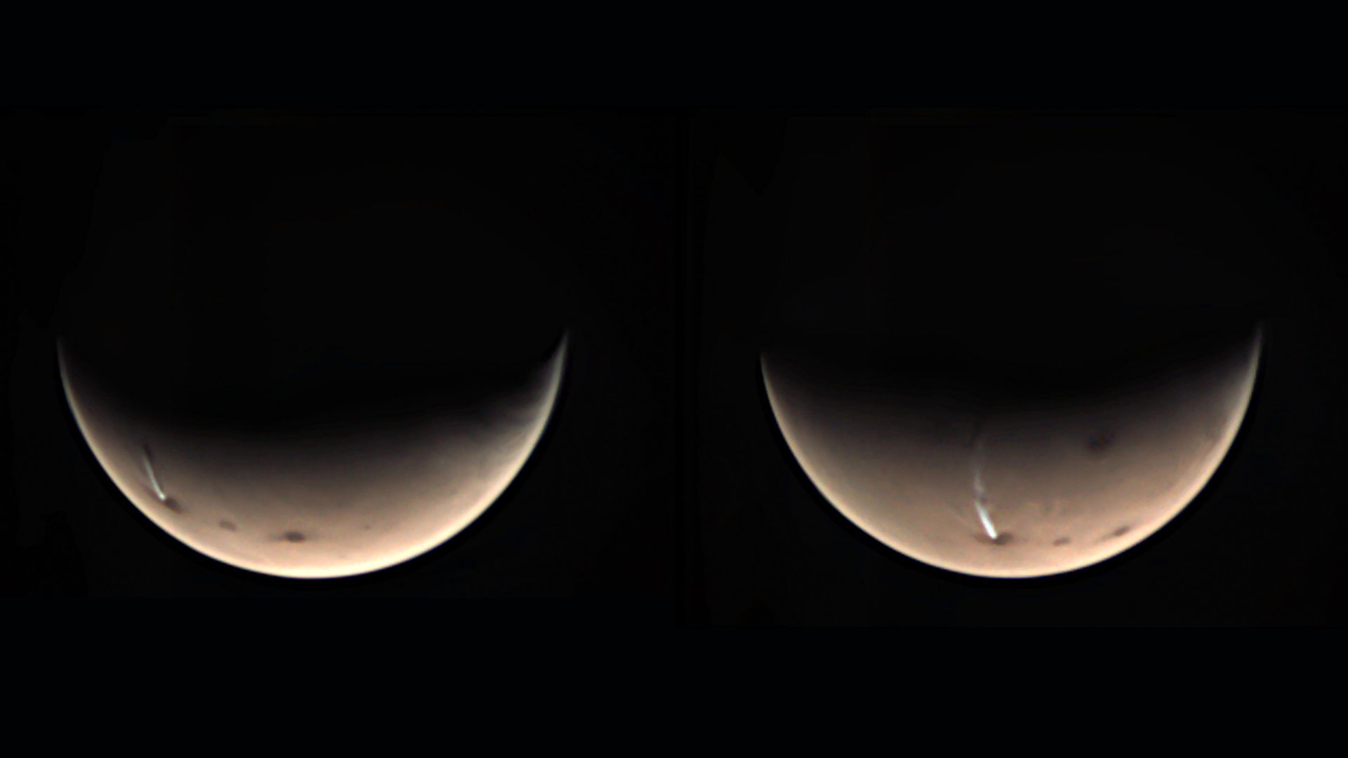 Two side-by-side photos of Mars as a crescent in space with the cloud stretching across its surface