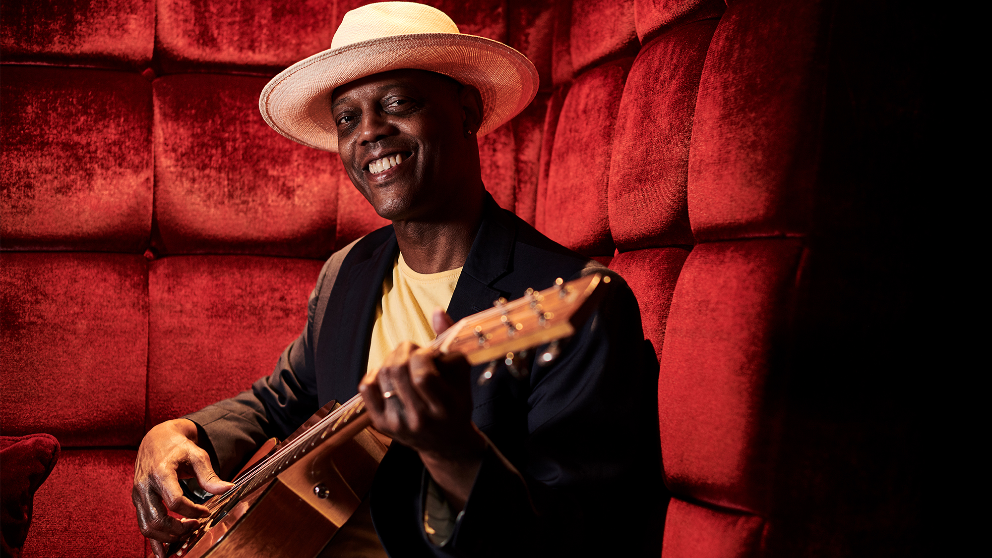 Portrait of American blues guitarist Eric Bibb, photographed during the Keeping The Blues Alive At Sea event on board the Norwegian Pearl cruise ship in the Mediterranean, on August 17, 2019.