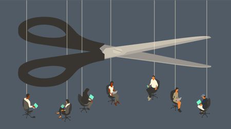 An illustration of a pair of scissors cutting strings attached to employees 