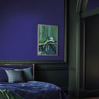 bedroom with blue wall and painting frame