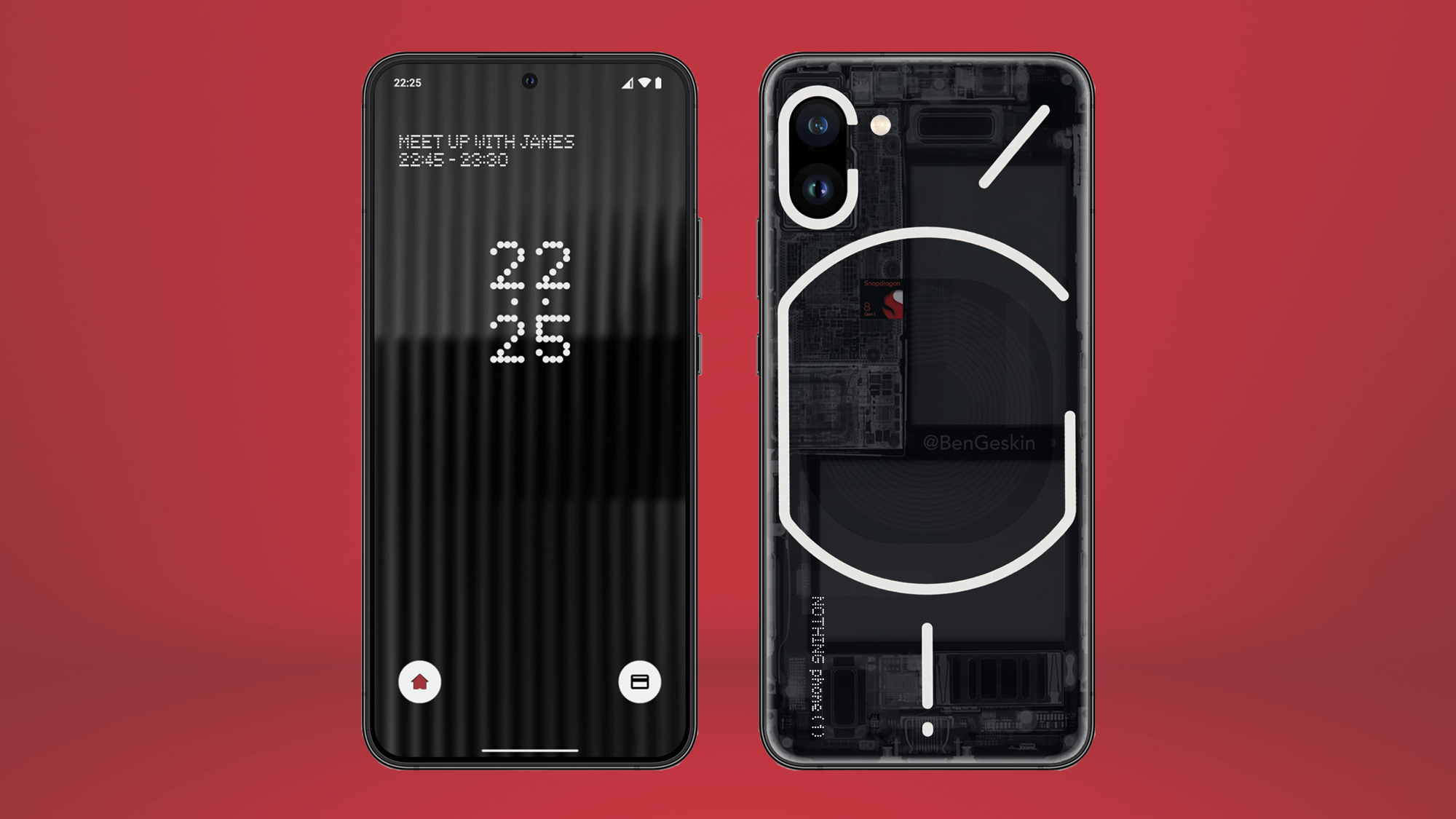 An unofficial render of the Nothing Phone 1, using an official screenshot of the display, on a red background