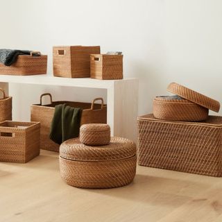 Modern Weave Rattan Baskets against a white background. 