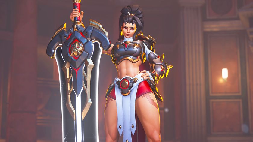 A promotional screenshot of the new Overwatch hero Vendetta. A muscular woman wearing wolf-themed gladiator armor holds a sword bigger than her. The sword has a black blade with glowing edges and a wolf insignia just above the hilt.