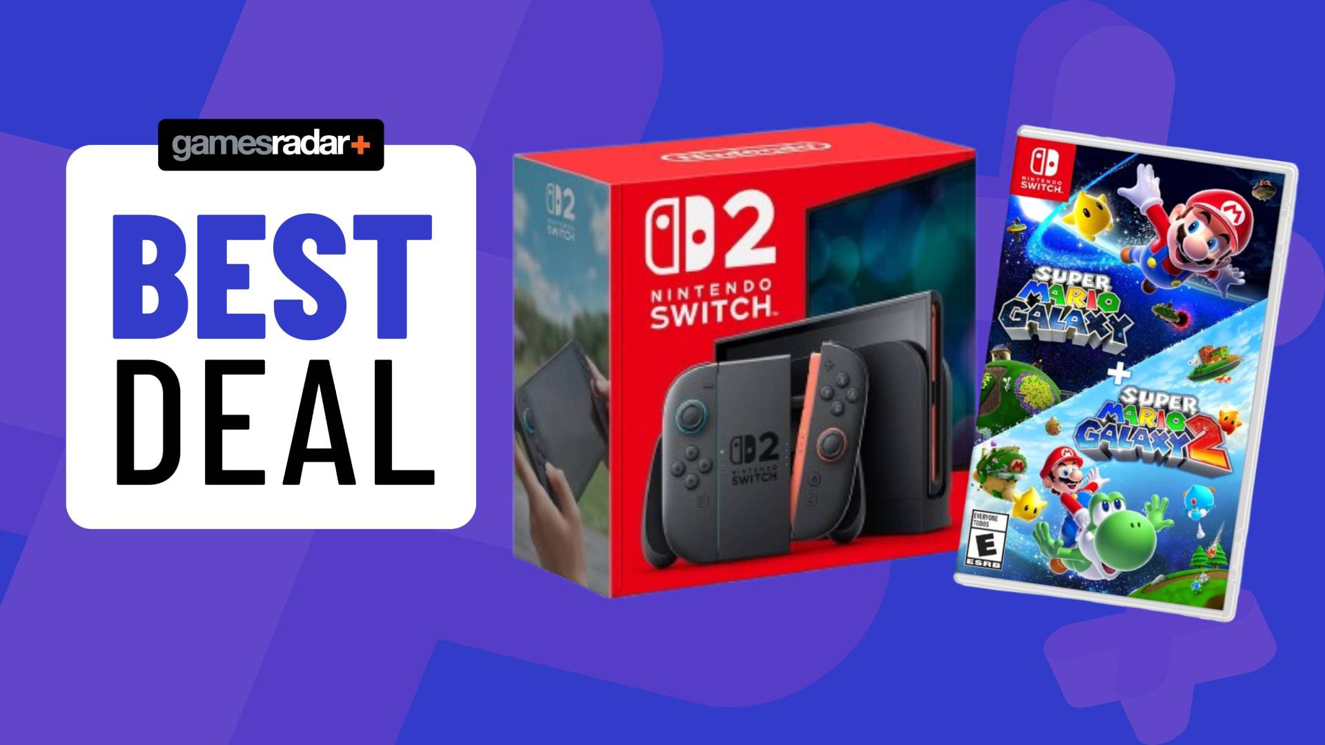 Image of a Nintendo Switch 2 and Super Mario Galaxy &amp; Super Mario Galaxy 2 on the Switch a blue GamesRadar+ background.