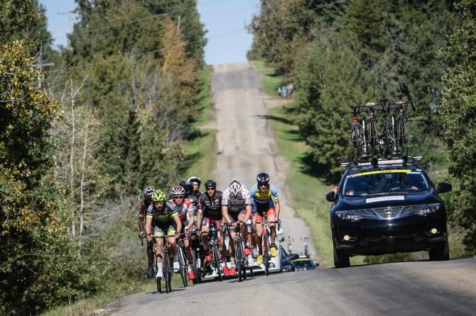 The breakaway comes up one of the many hills along today's route