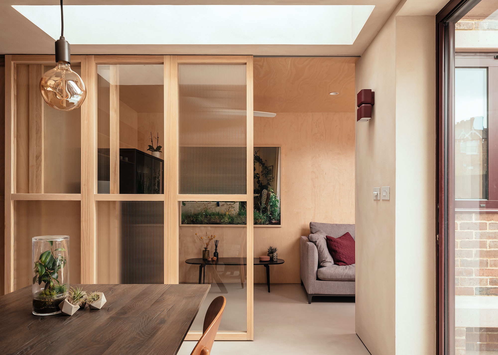 dining room with sliding doors to living area
