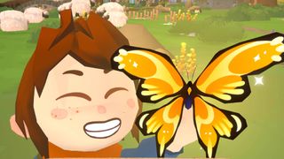 Character holding up a Golden Lady Butterfly in CatchMaker