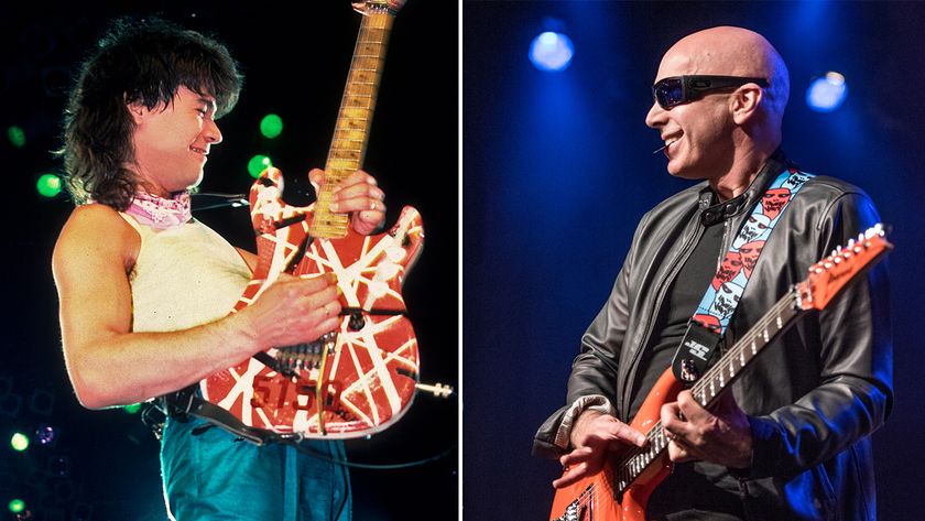 LEFT: Eddie Van Halen performs onstage at the Metro Center, Rockford, Illinois, March 16, 1986. RIGHT: Joe Satriani performs during Les Paul&#039;s 100th anniversary celebration at Hard Rock Cafe - Times Square on June 9, 2015 in New York City. 