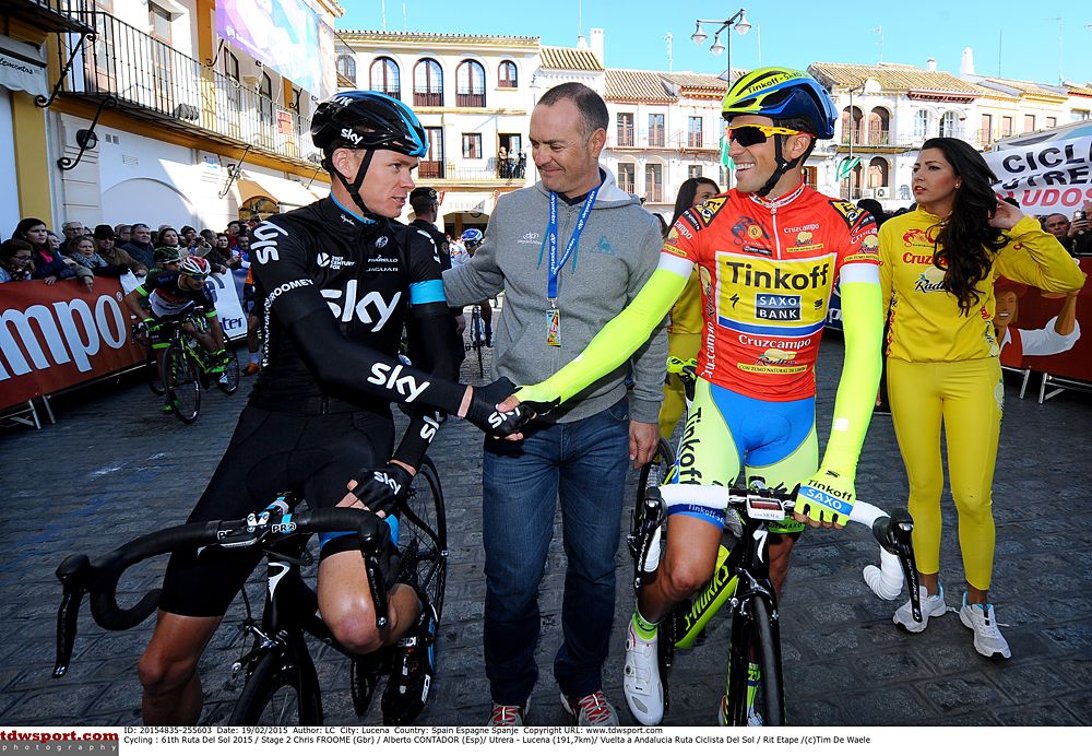 Alberto Contador (Tinkoff-Saxo) and Chris Froome (Team Sky) on the stage 2 start line