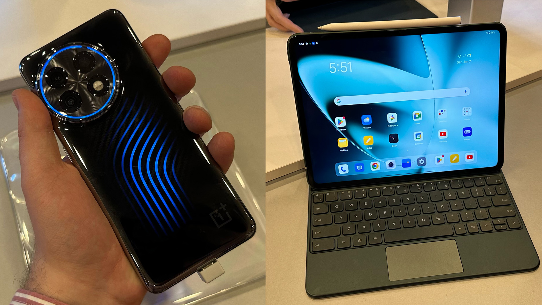 A split image showing the OnePlus Concept 11 on the left and the OnePlus Pad on the right