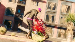 A bloody stabbing takedown animation in Saints Row