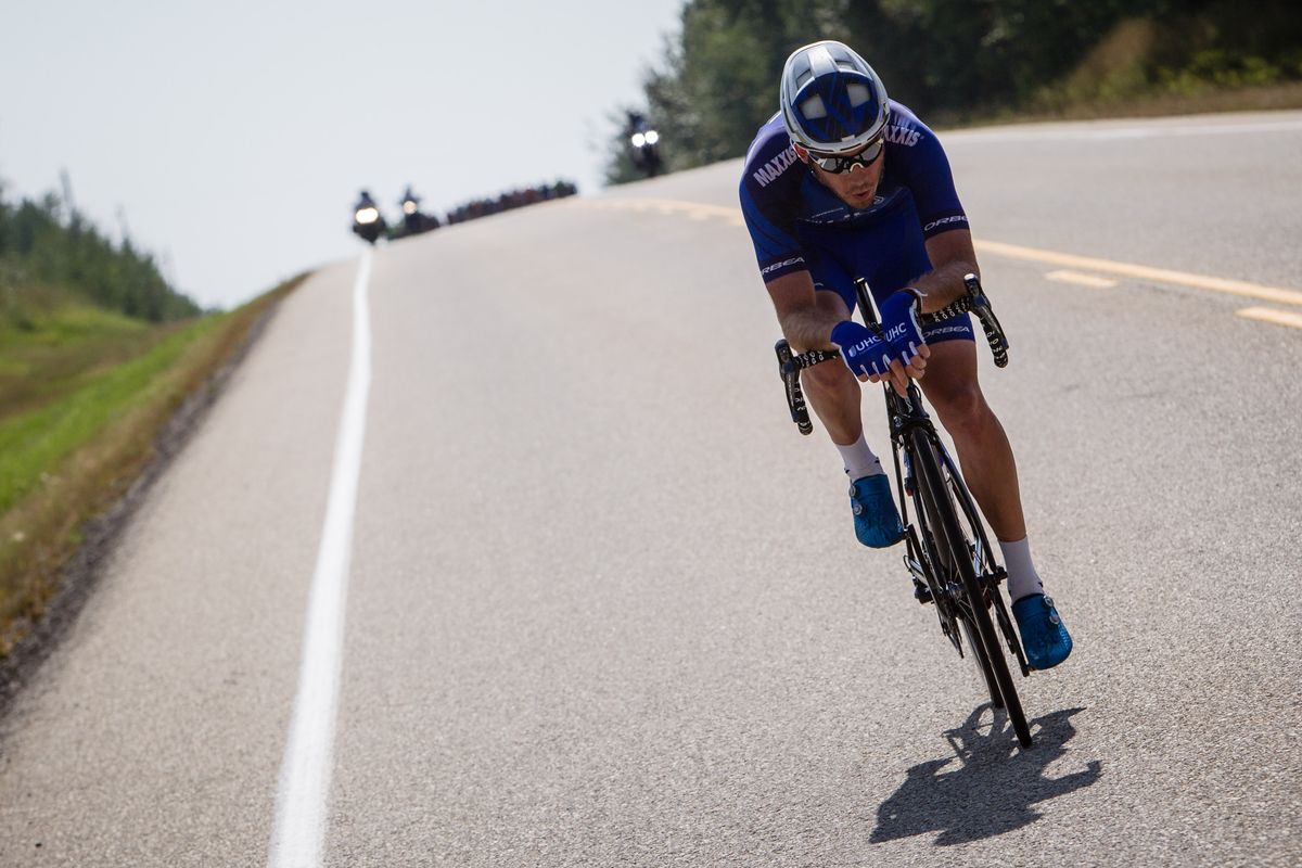 UnitedHealthcare's Daniel Eaton rides alone during stage 2 at the Tour of Alberta.