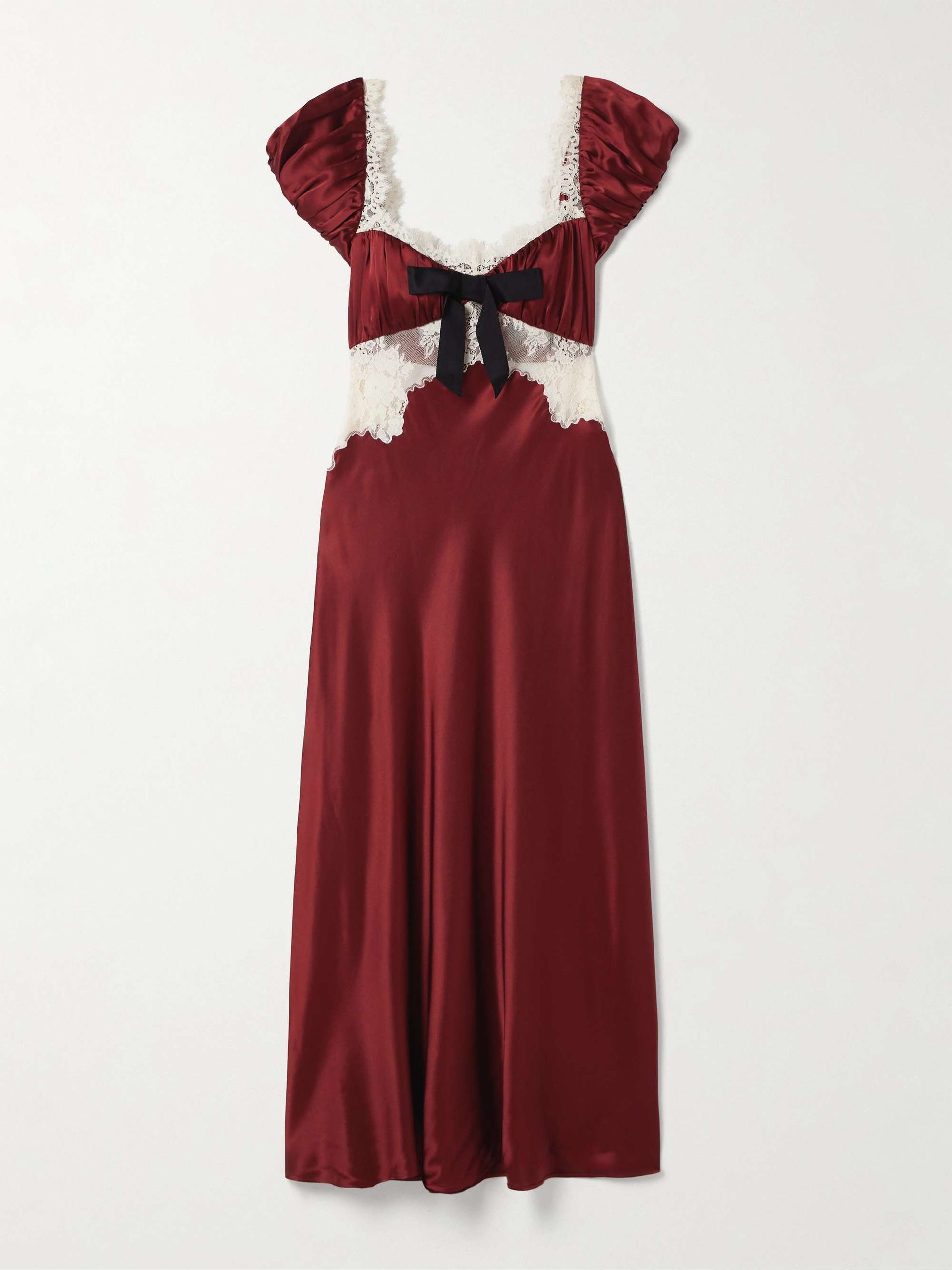 Veda Bow-Detailed Corded Lace-Trimmed Silk-Charmeuse Midi Dress