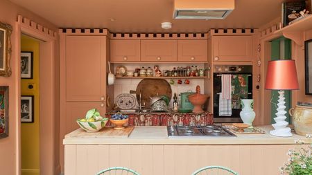 orange peachy pink kitchen by farrow and ball