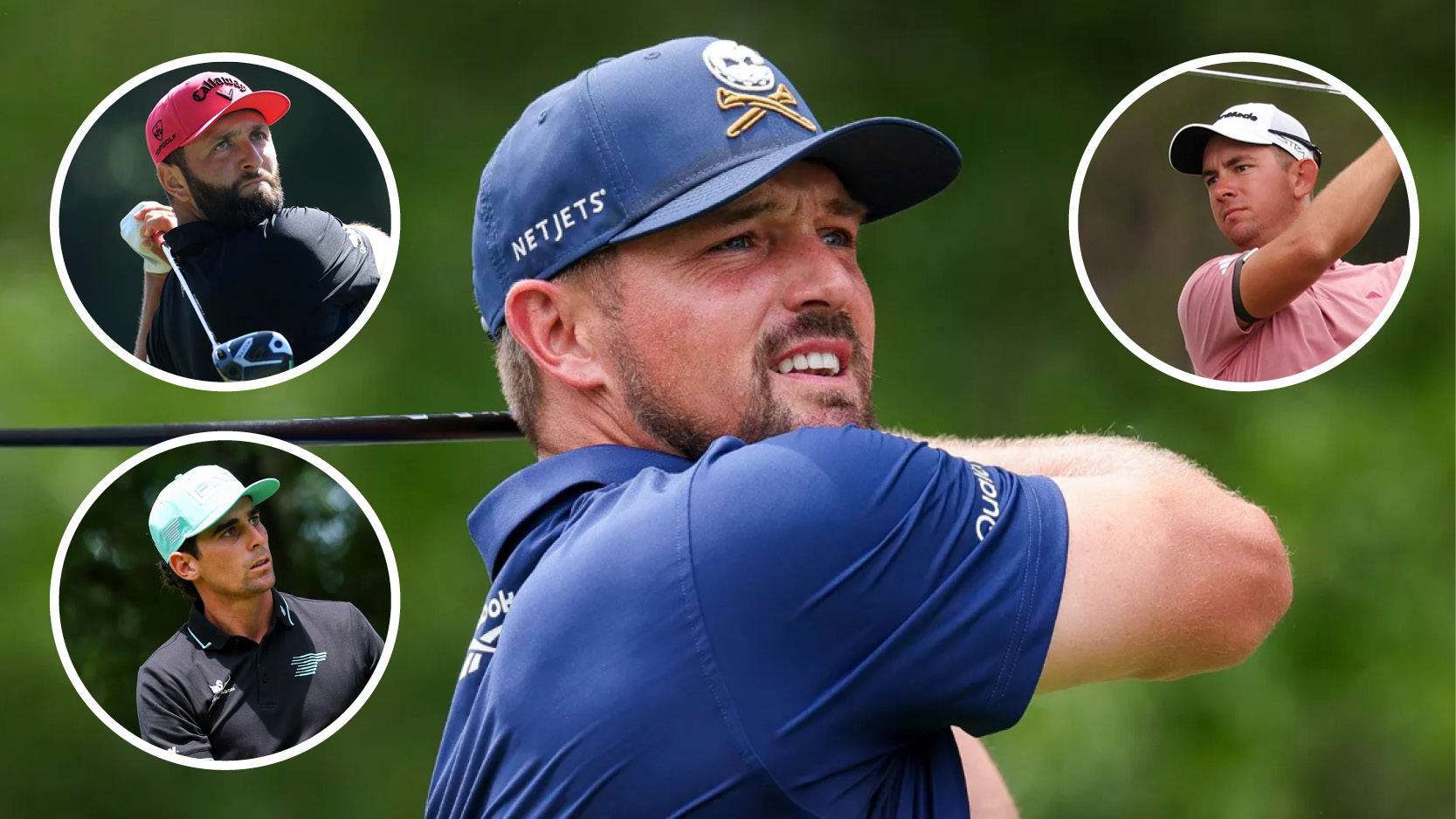 Main image of Bryson DeChambeau hitting a driver with inset photos of Jon Rahm (top left), Joaquin Niemann (bottom left) and Lucas Herbert (top right)
