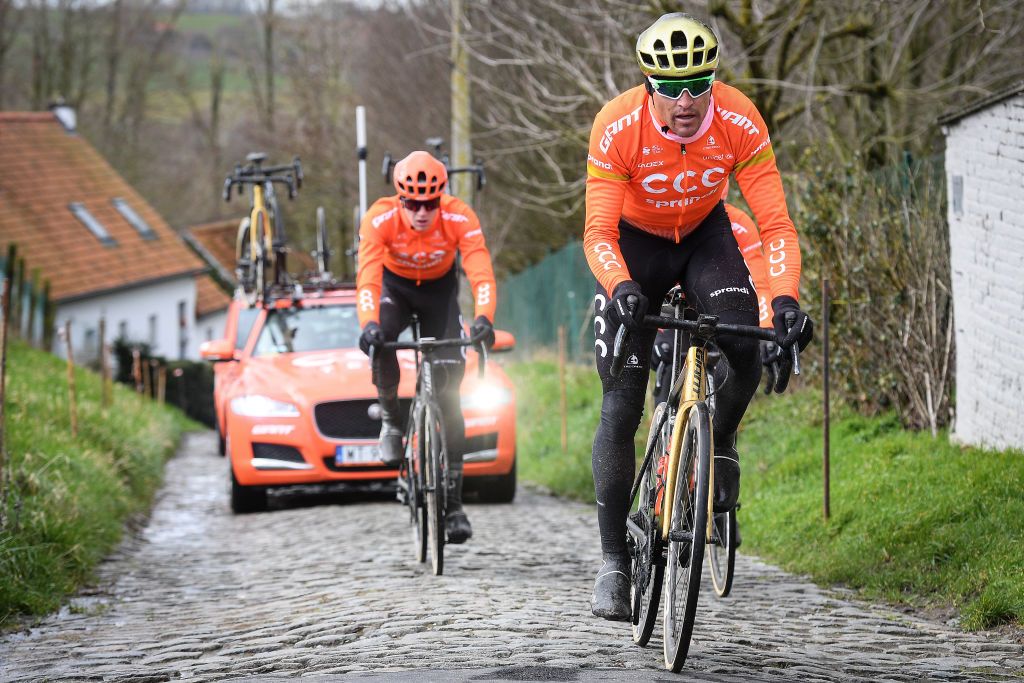 Belgian Greg Van Avermaet of CCC Team pictured in action at de Molenberg during the reconnaissance of the track ahead of the 75th edition of the oneday cycling race Omloop Het Nieuwsblad Wednesday 26 February 2020 BELGA PHOTO DAVID STOCKMAN Photo by DAVID STOCKMANBELGA MAGAFP via Getty Images