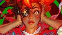 Hotel Barcelona protagonist wearing eyepatch holding head in official key art zoom-in.