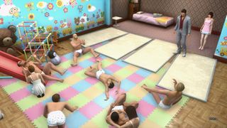 Kiryu walking into a nursery filled with adult babies
